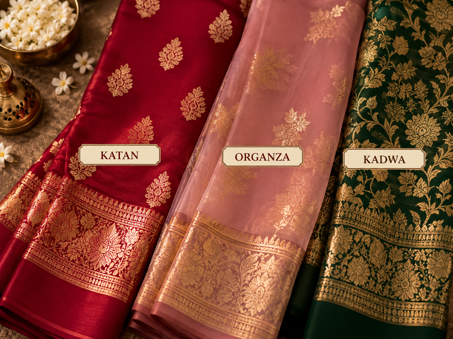 Close-up of zari border work on a Banarasi saree