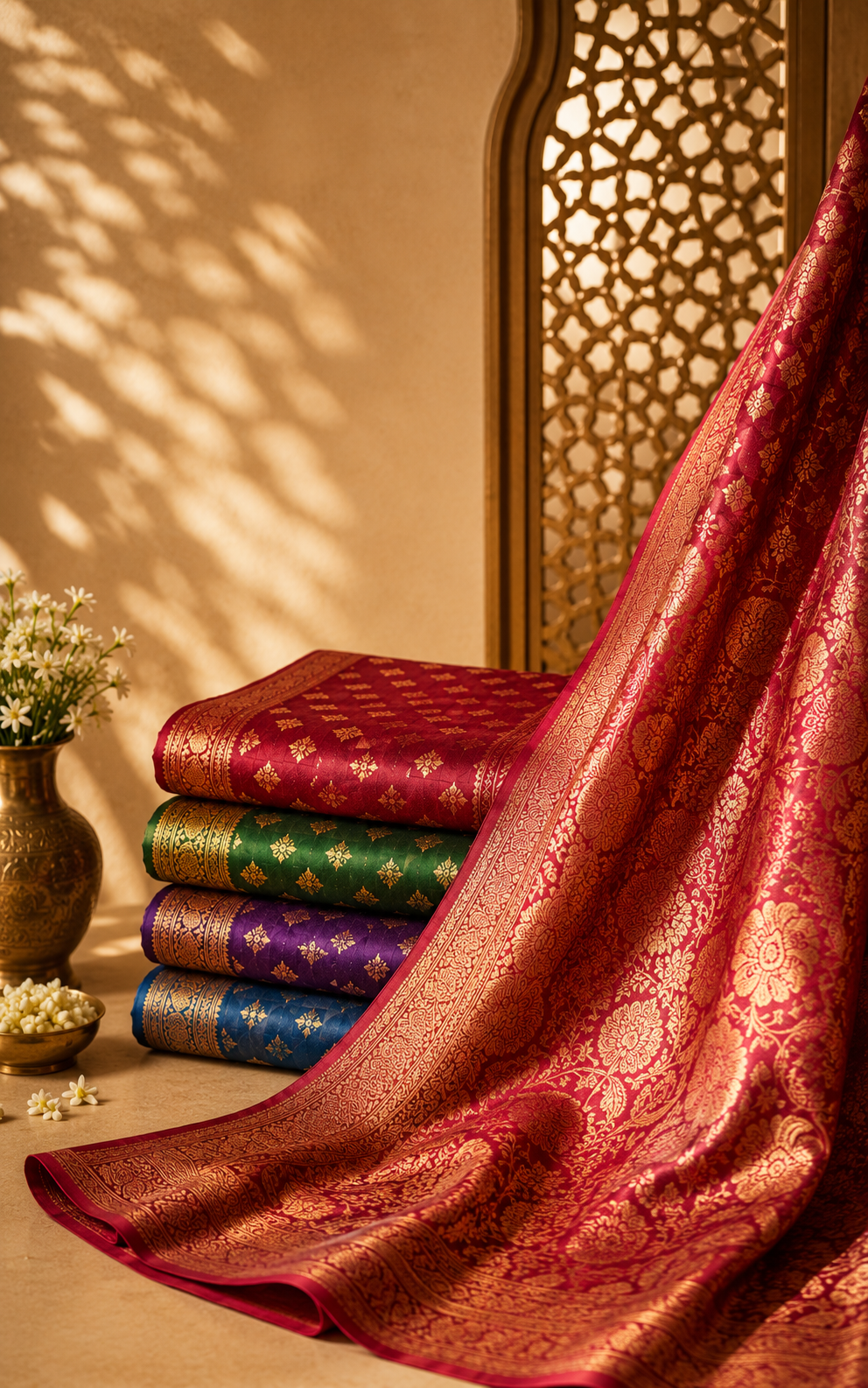 Bundled Banarasi silk sarees ready for wholesale dispatch